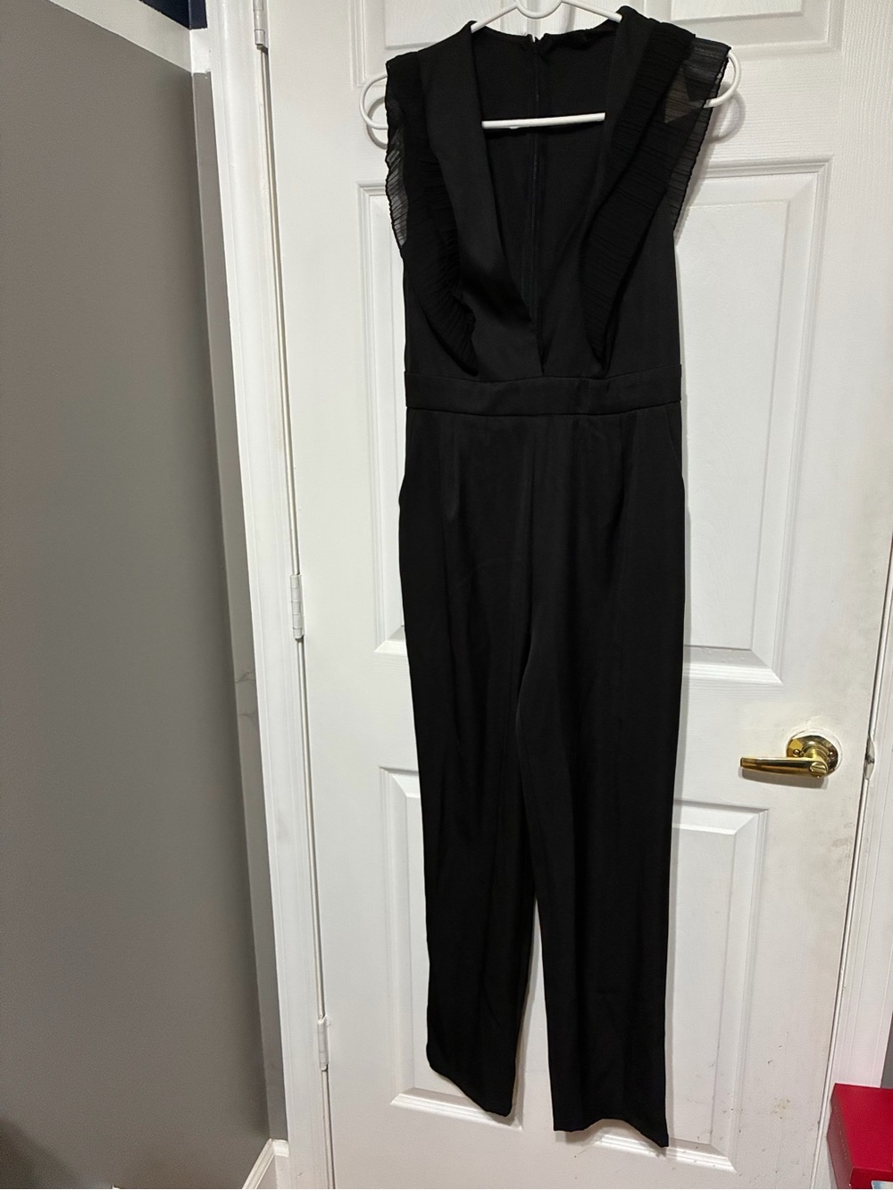 SHEIN Black Ruffle-Trim V-Neck Jumpsuit